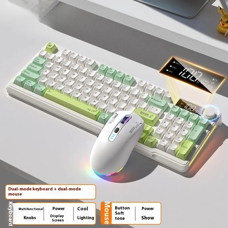 Blue and white wireless mechanical keyboard and mouse set on a desk, showing Type-C cable.