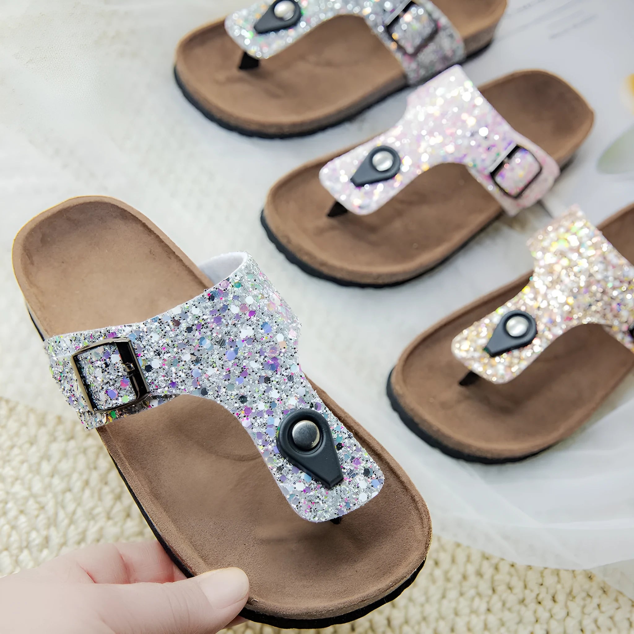Gold frosted cork flip-flop slippers with hollow-out design and non-slip PVC sole.