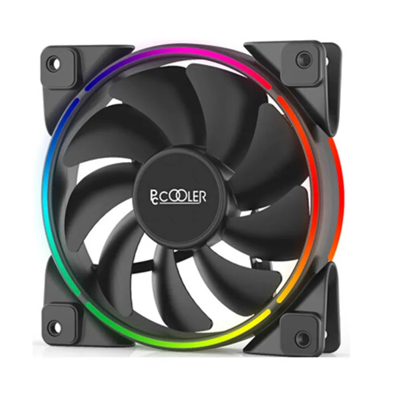Three black 120mm RGB PC cooling fans with illuminated blades on a dark background