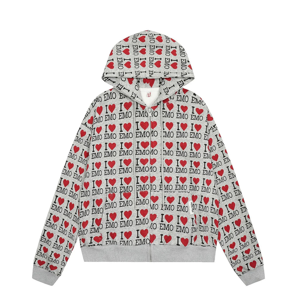 Women's grey hooded cardigan with retro pattern, long sleeves and cotton construction