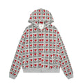 Women's grey hooded cardigan with retro pattern, long sleeves and cotton construction