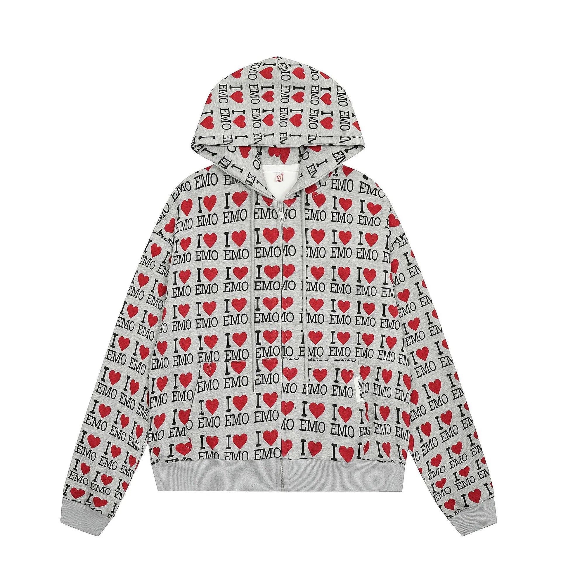 Women's grey hooded cardigan with retro pattern, long sleeves and cotton construction