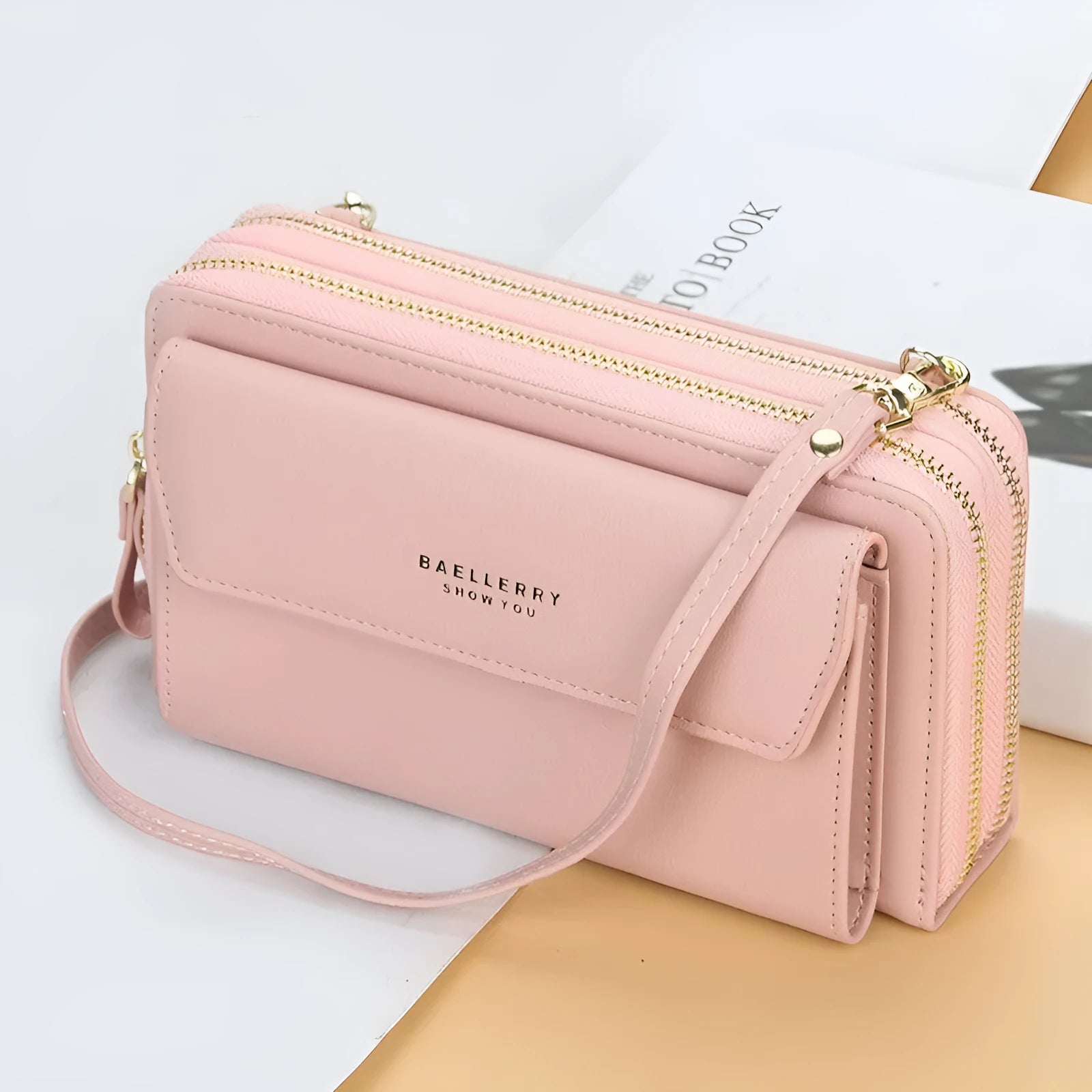 Soft PU leather long wallet with double zip closure in horizontal square shape showing colour options