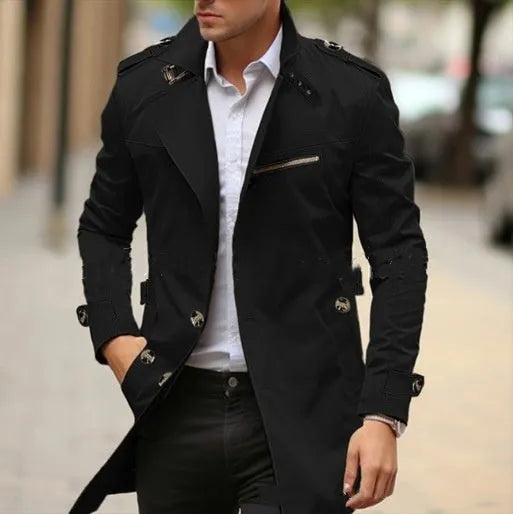 Mid-length plus size men's casual jacket in army green with lapel collar and side seam pockets.