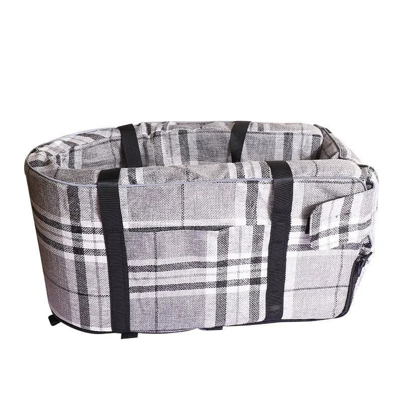 Outdoor cloth dog kennel for car travel in grey, blue, or red colour options.