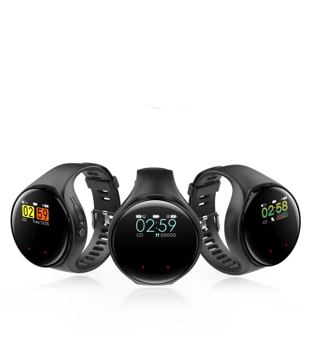 Black detachable smart bracelet and Bluetooth headset combo showing colour screen and earbuds.