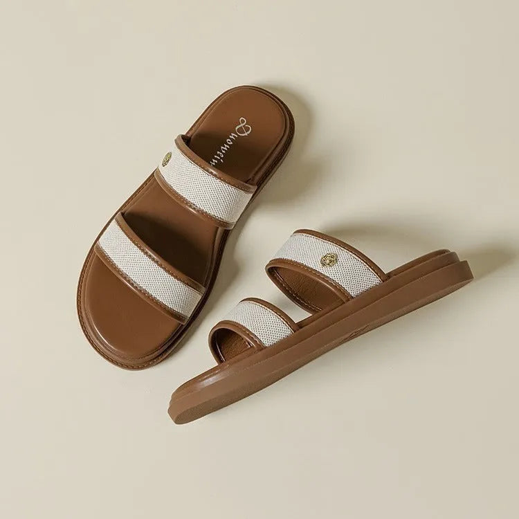 Brown women's vintage retro flip-flop sandals with artificial PU upper and soft bottom