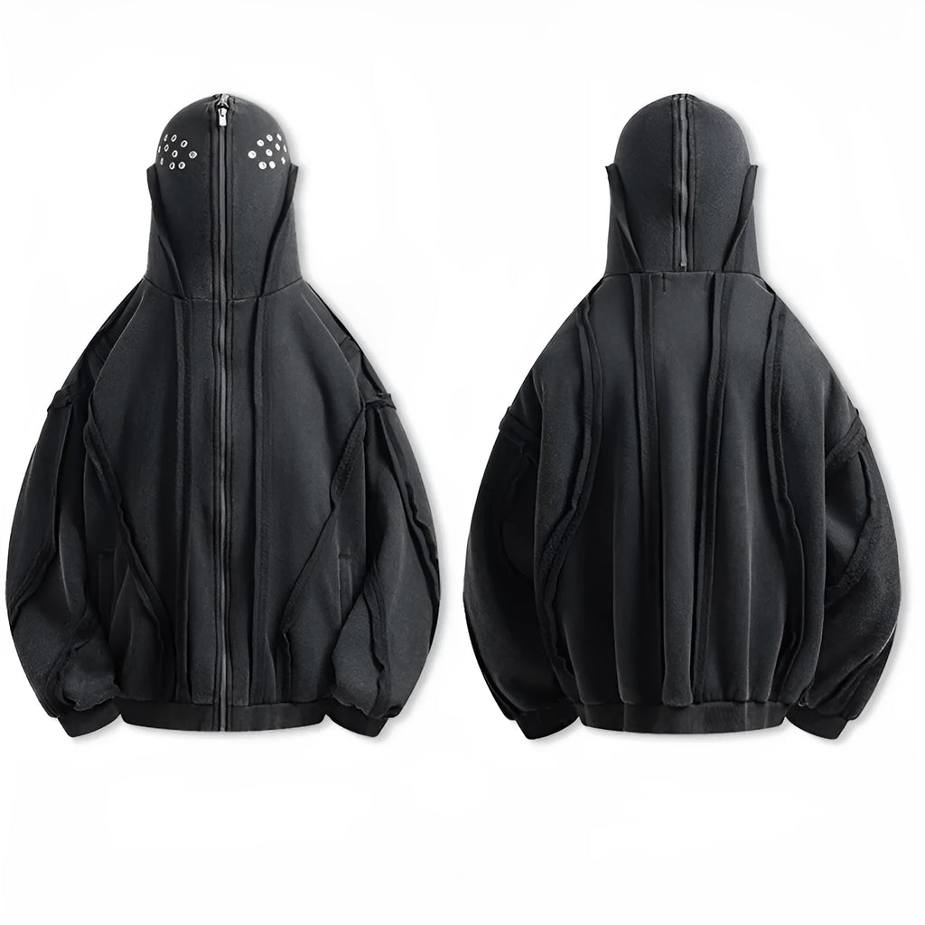 Black loose fit padded cotton cardigan with zip front and hood in retro style