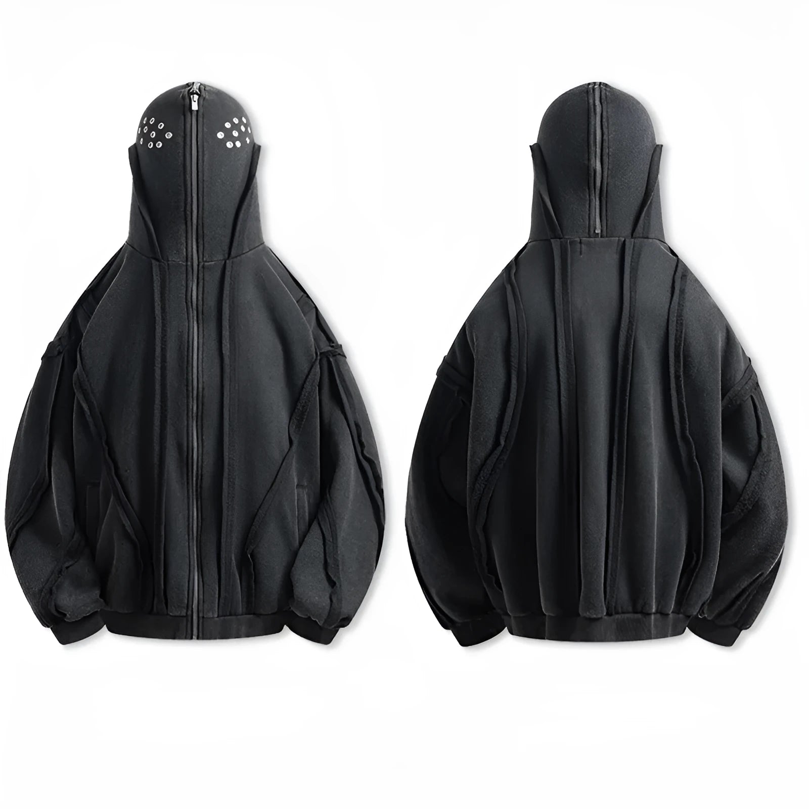 Black loose fit padded cotton cardigan with zip front and hood in retro style