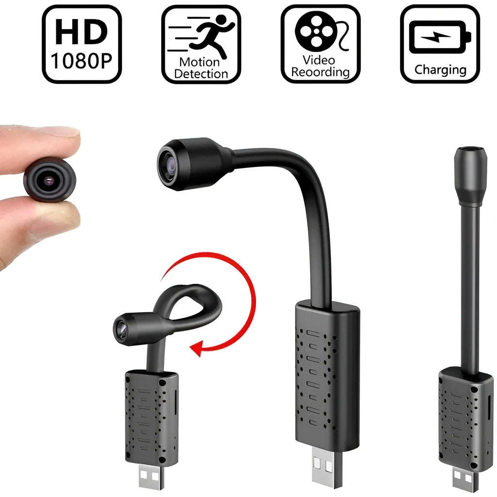 Black V380 wireless USB HD video camera showing compact design and microSD card slot.
