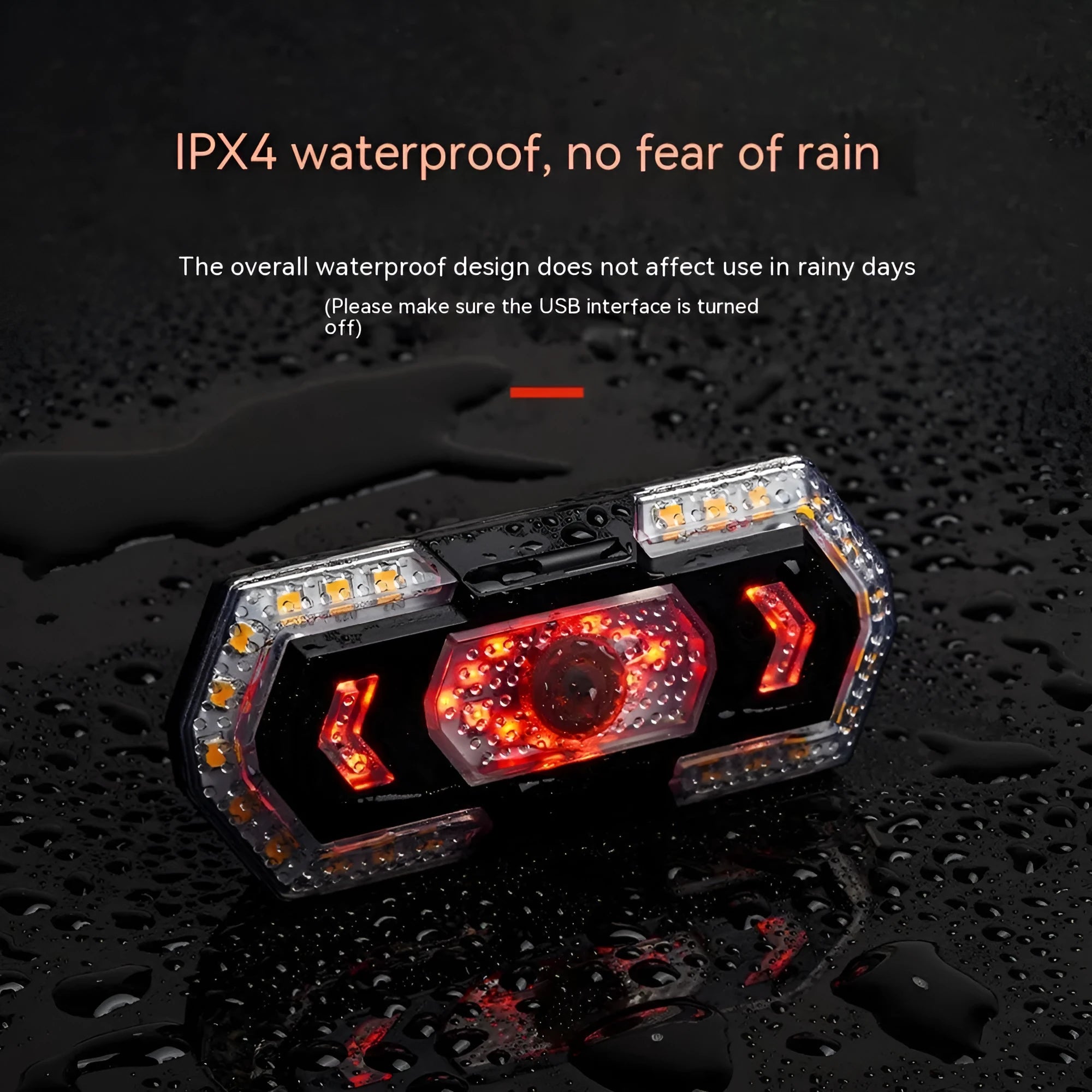 Black wireless remote control taillight with USB charging port and waterproof construction