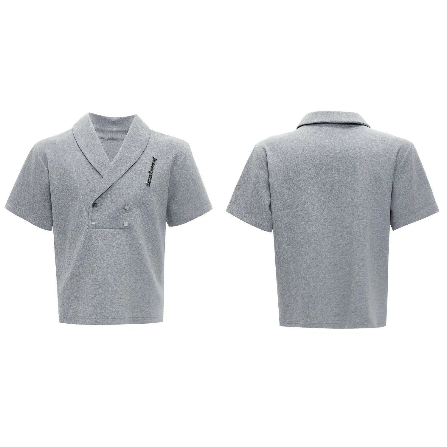Men's dark grey cotton V-neck sports suit with padded shoulder short sleeve jacket and matching shorts.