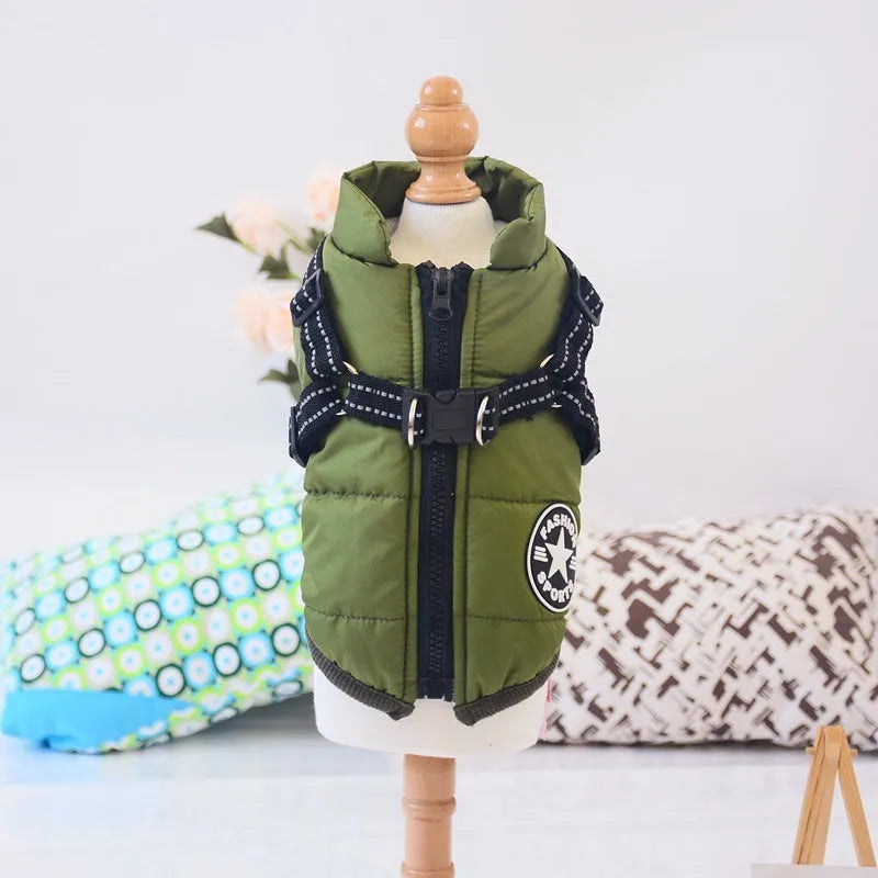 Waterproof dog coat in rain silk fabric with harness hole for lead attachment