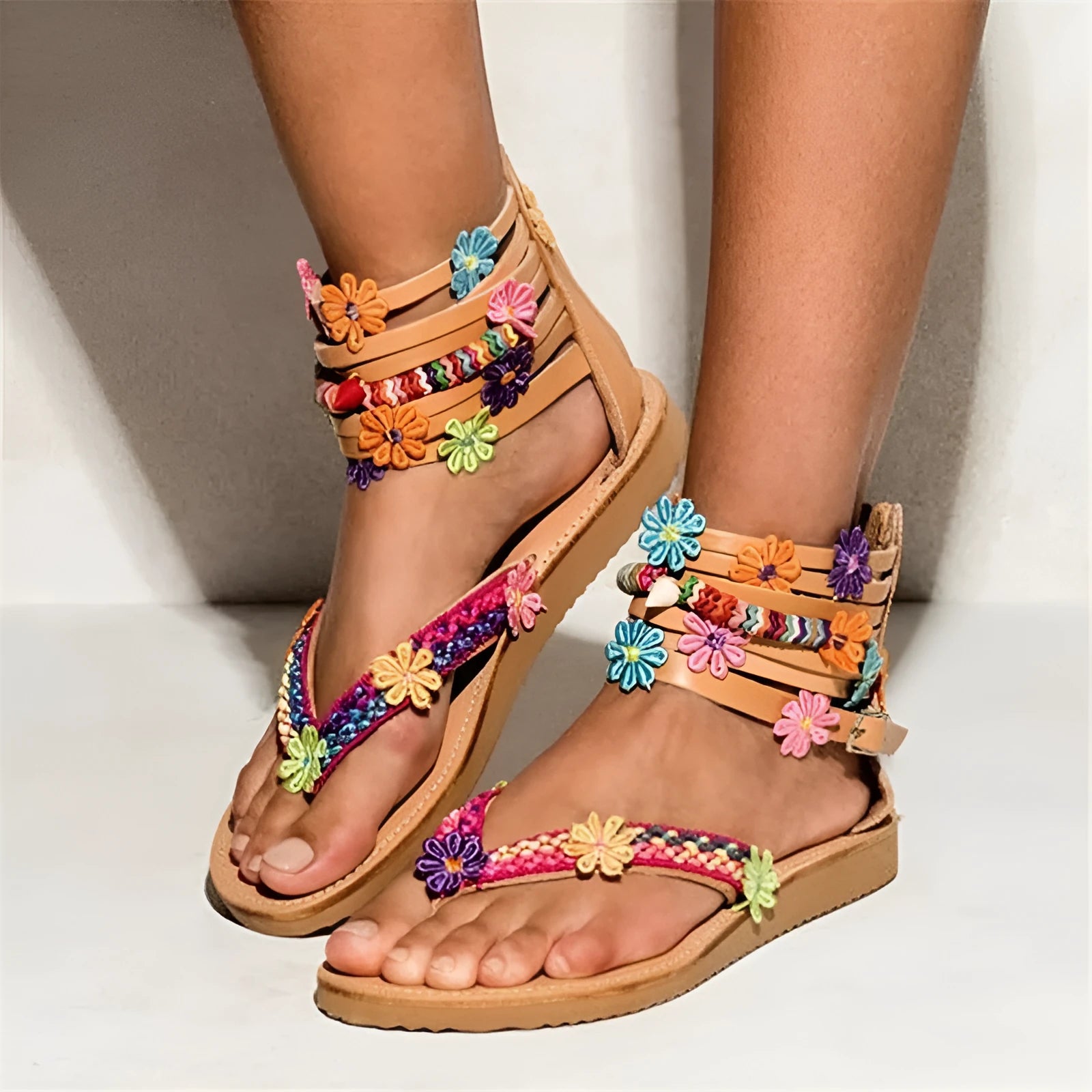 Ethnic style beaded petal sandals in Suit colour with round toe and Roman design.