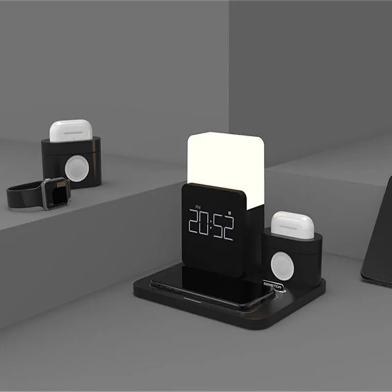 Dark green foldable 3-in-1 wireless charging stand with phone, watch, and earbuds charging simultaneously
