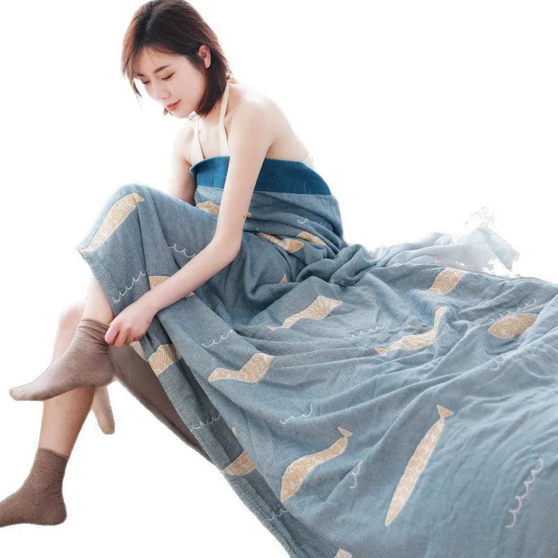 Pure cotton five-layer gauze bed sheet blanket in Roulette Wheel Blue colour, shown in a modern simplicity style.