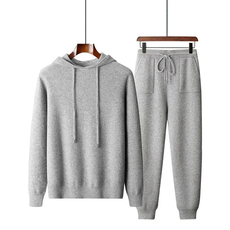 Men's light grey cashmere hoodie and trousers set for winter casual wear