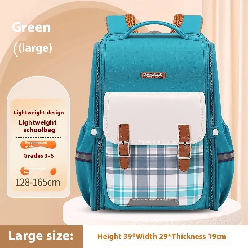 Lightweight Oxford cloth school backpack for students in navy blue, shown in a classroom setting.
