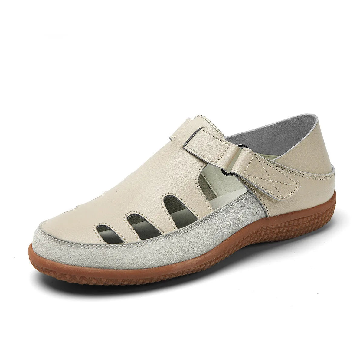 Plus size women's flat sandals with toe cap and hollow breathable design in blue, red, or white.