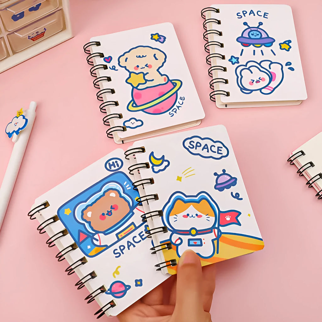 Astronaut themed pocket flipper notebook measuring 10.5 by 8 centimetres