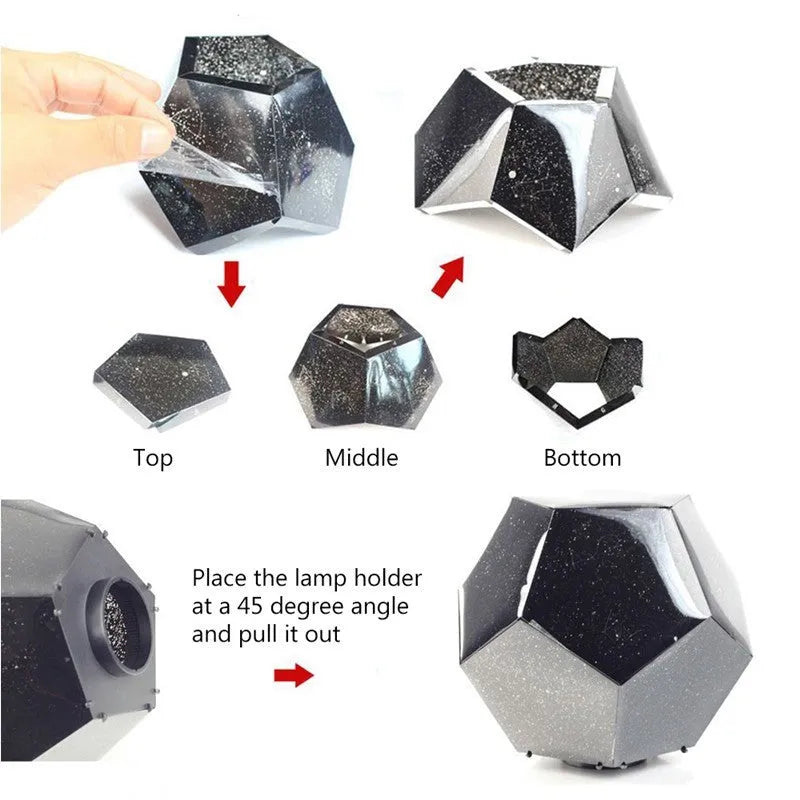 LED starry sky projector night lamp showing constellation projection on a bedroom ceiling.