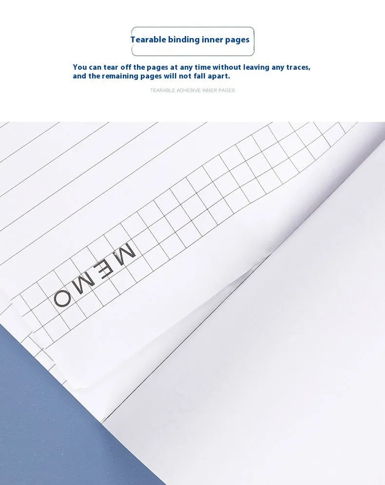 A4 tearable grid notebook with ivory white pages and adhesive binding, shown in open position