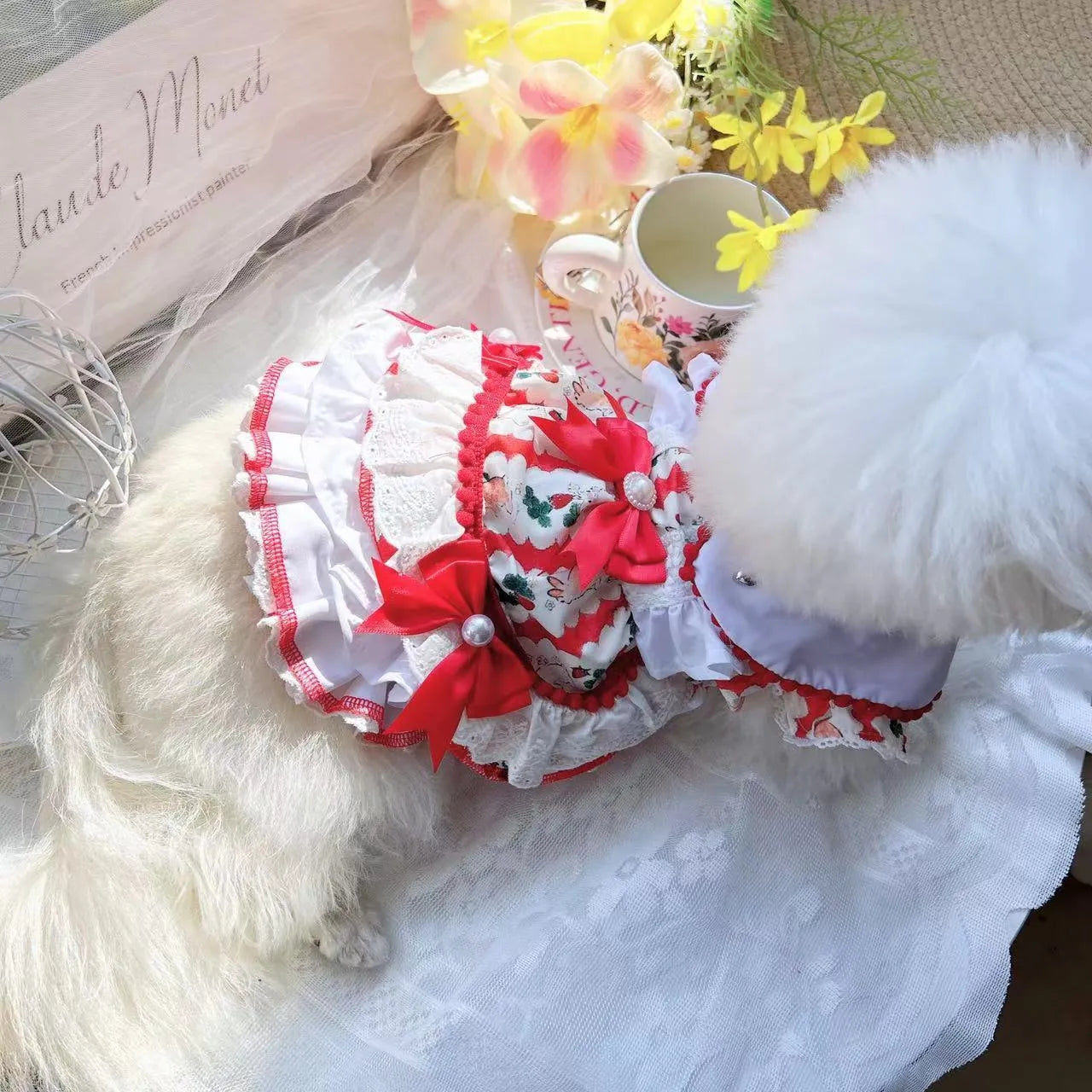 Rabbit skirt colour princess style polyester dog dress showing size options from XS to XL