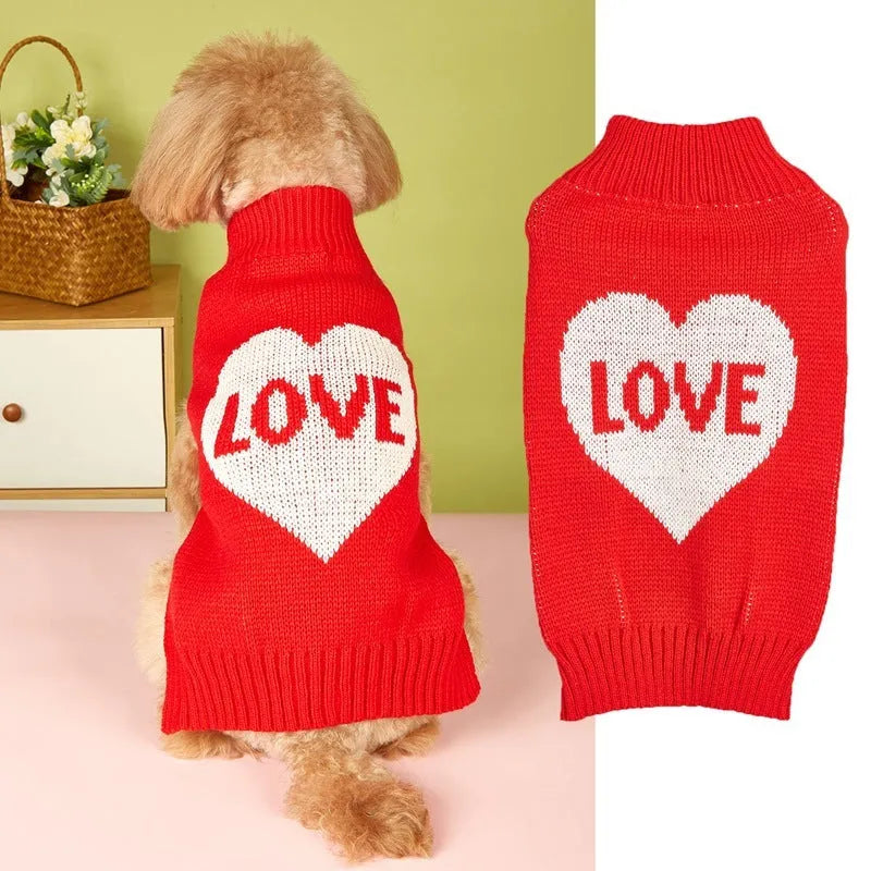 Red love heart design dog sweater on small breed dog