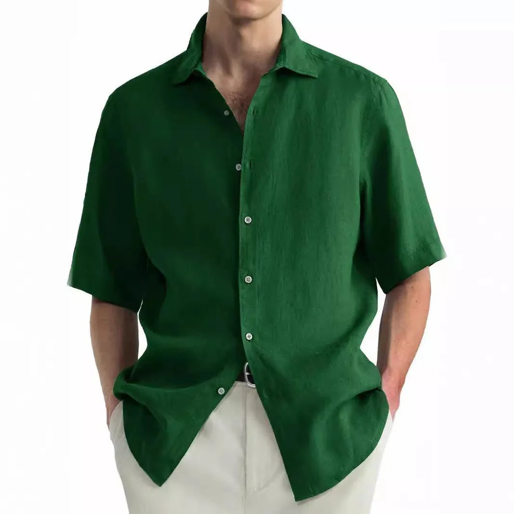 Men's green washed cotton casual shirt with cardigan style and button front
