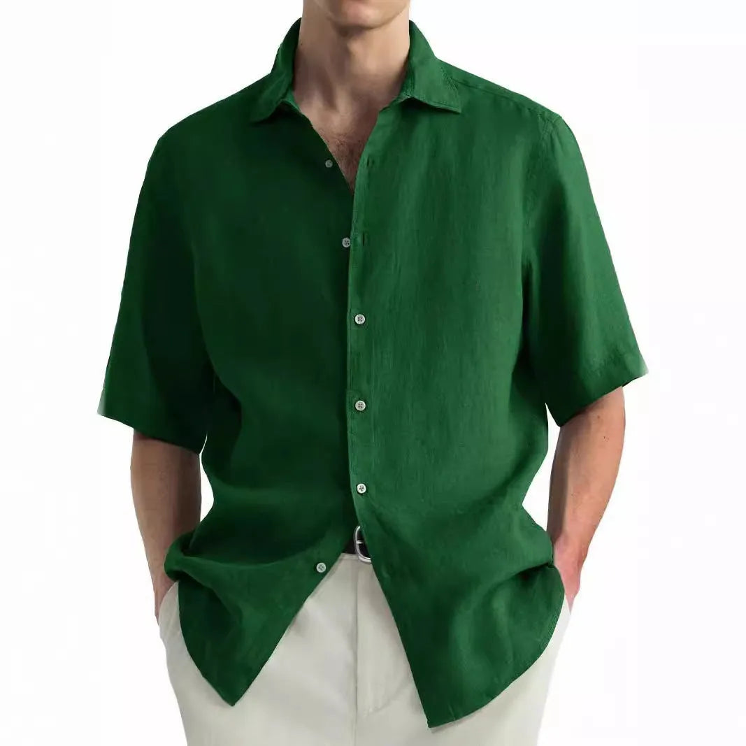 Men's green washed cotton casual shirt with cardigan style and button front