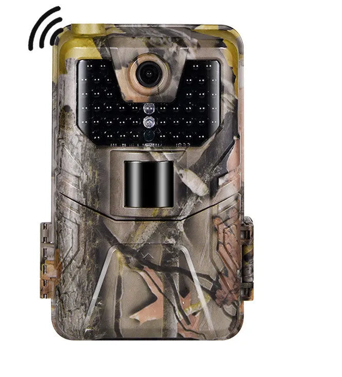 Camouflaged outdoor hunting camera with infrared LEDs, showing compact design for wildlife and security monitoring.