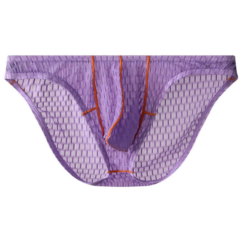 Men's low waist ice silk and lace briefs in rose red colour on a white background