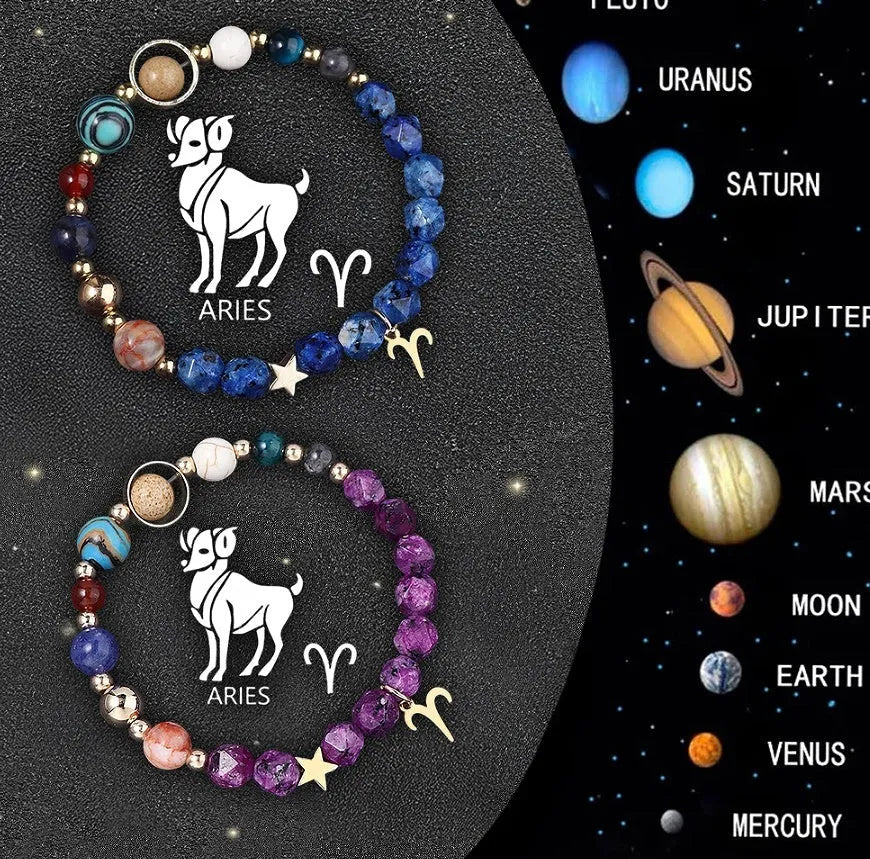 Set of twelve natural stone beaded bracelets showing different zodiac sign designs on elastic cords