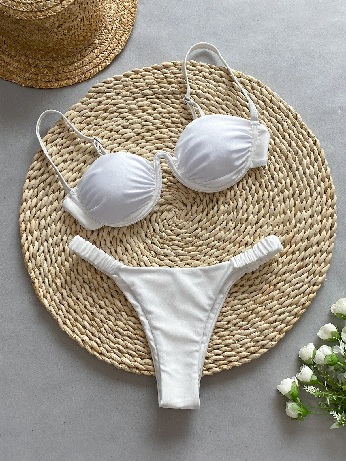 Women's underwire bikini swimsuit in black, khaki and white colours with European styling