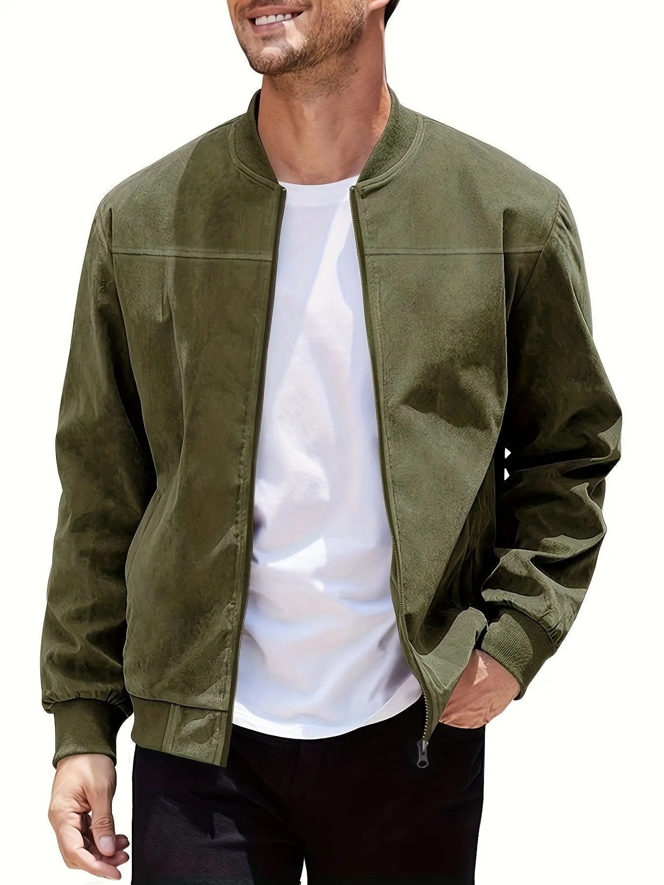 Men's Army Green suede zip-up jacket with a regular fit and standard sleeves on a hanger.