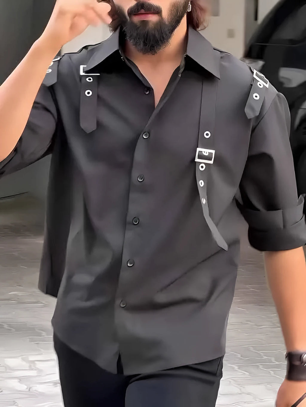 Men's black utility-style button-up shirt with regular fit and button-front design