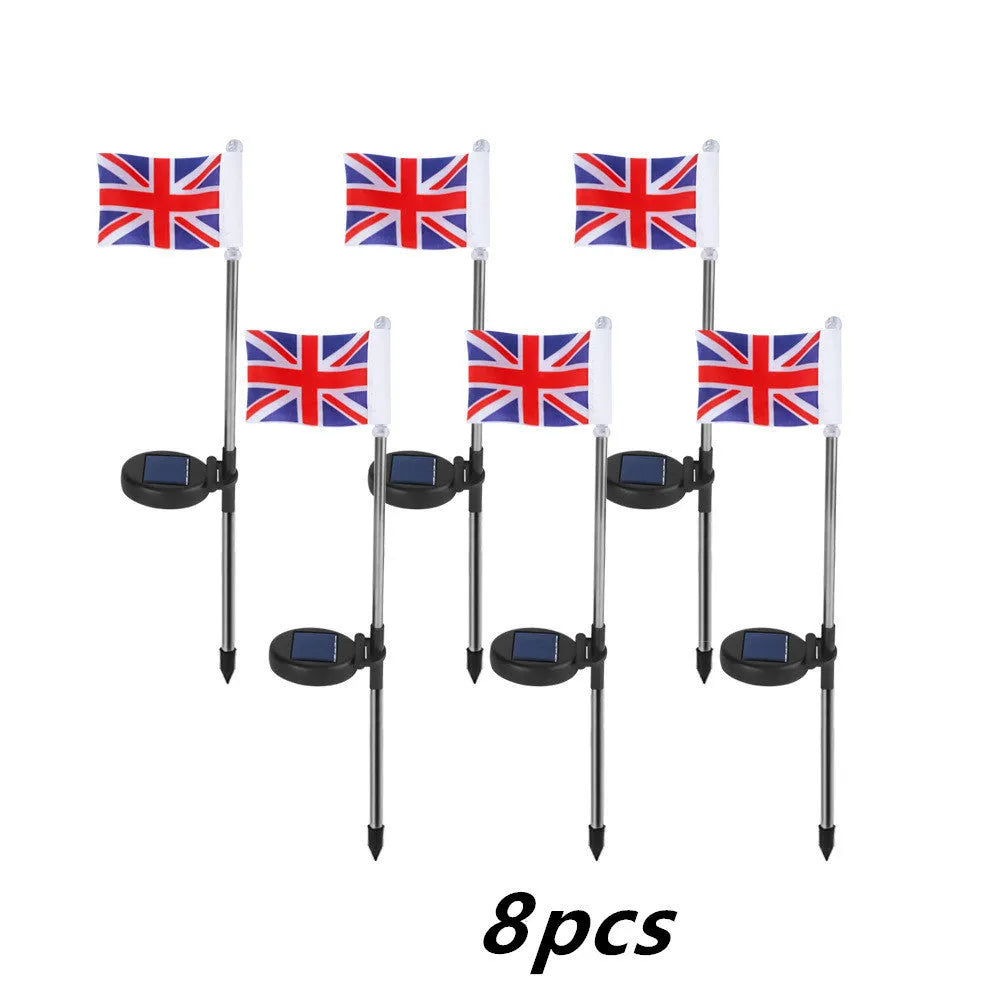 Solar garden flag light with stainless steel pole showing either American or British flag design.