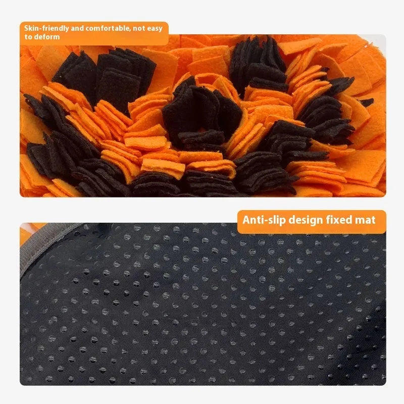 Orange polar fleece pumpkin-shaped pet smell mat for dog slow feeding and enrichment.