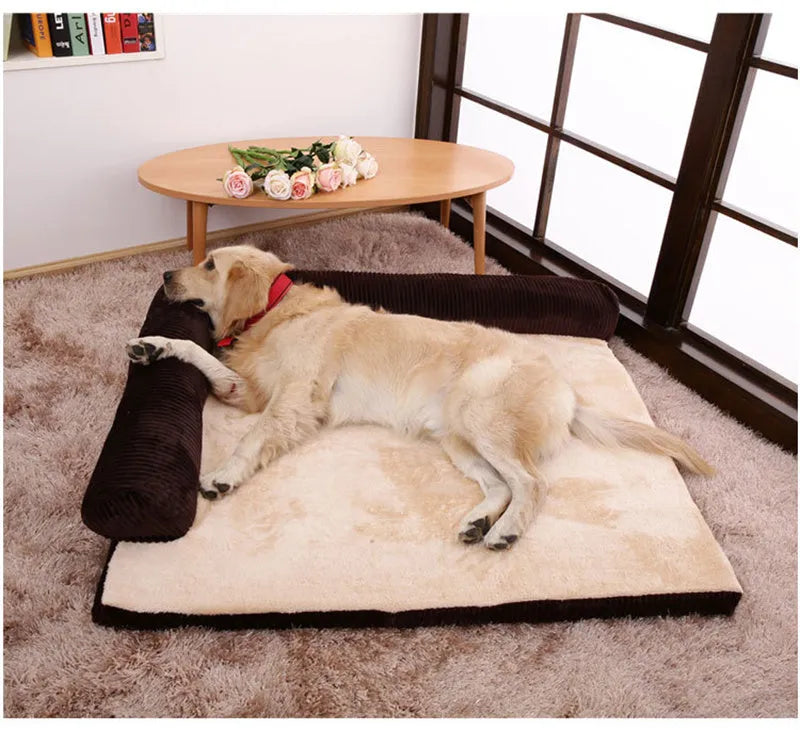 Corduroy pet sofa dog bed in grey, showing bilateral raised edges and non-slip base.