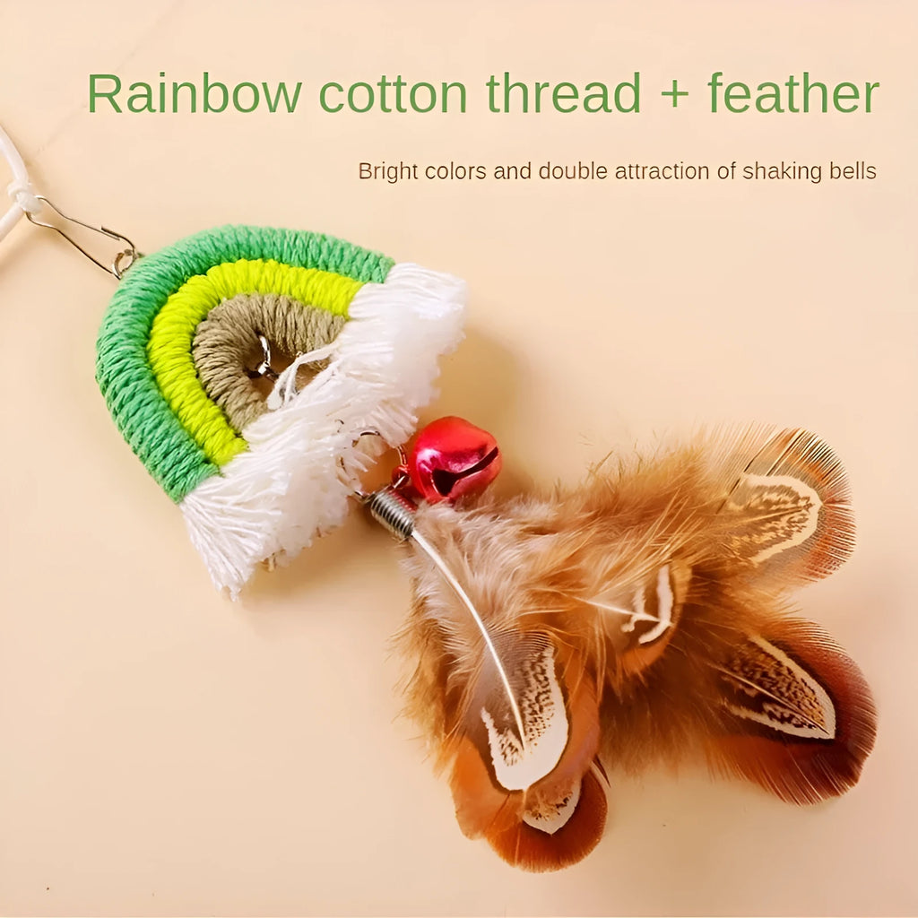 Blue feather cat rope toy hanging from a door with elastic swing and sticky buckle clamp