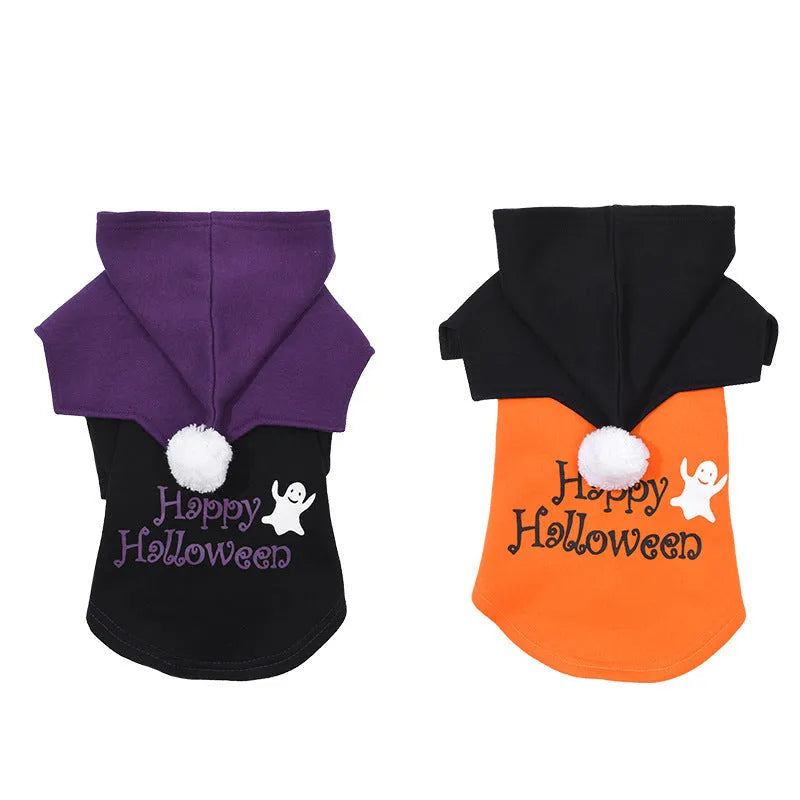 Halloween pumpkin two-piece dog costume with hooded sweater and shawl base layer
