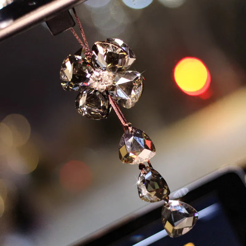 Genuine crystal four leaf grass car interior pendant measuring approximately 20cm for vehicle decoration