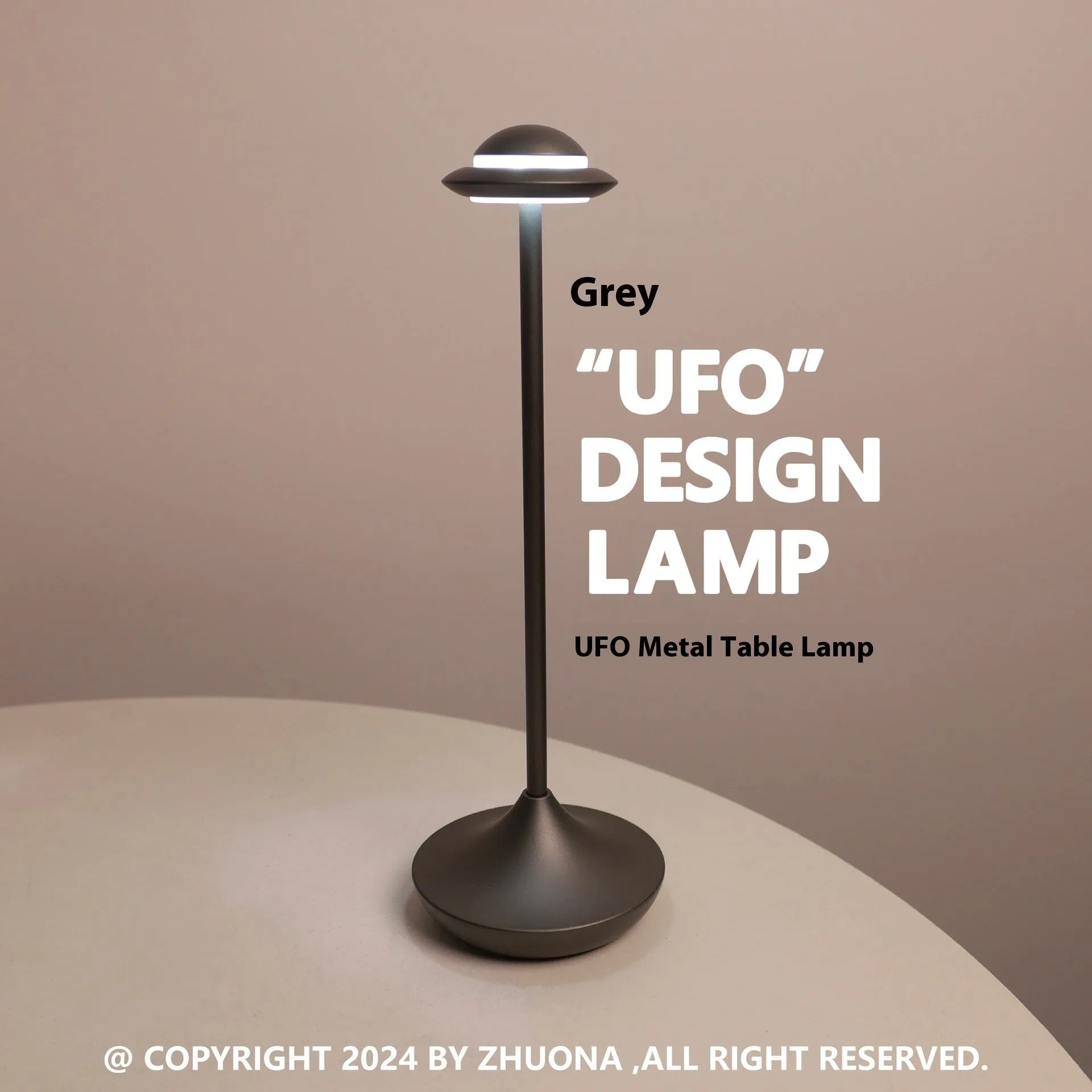 UFO-shaped metal table lamp with touch controls showing three colour dimming options