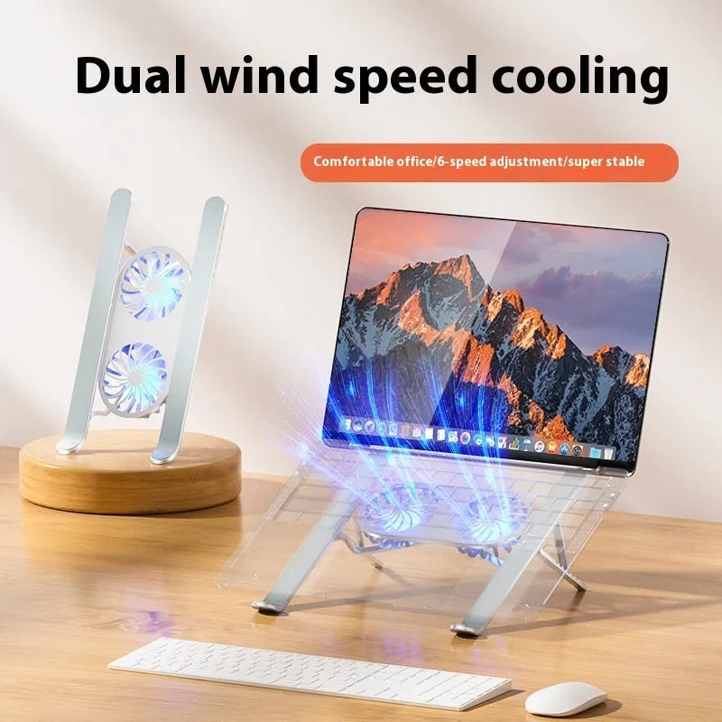 Aluminium alloy folding laptop cooling stand with twin fans and height adjustment mechanism