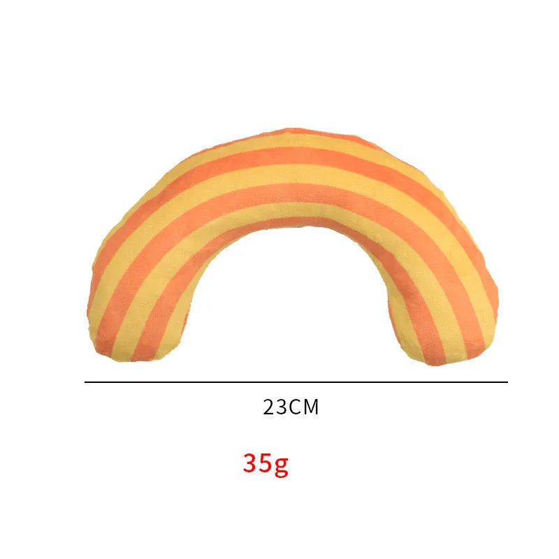 Striped pattern cat toy pillow with built-in noise maker and catnip strip measuring 23x20cm