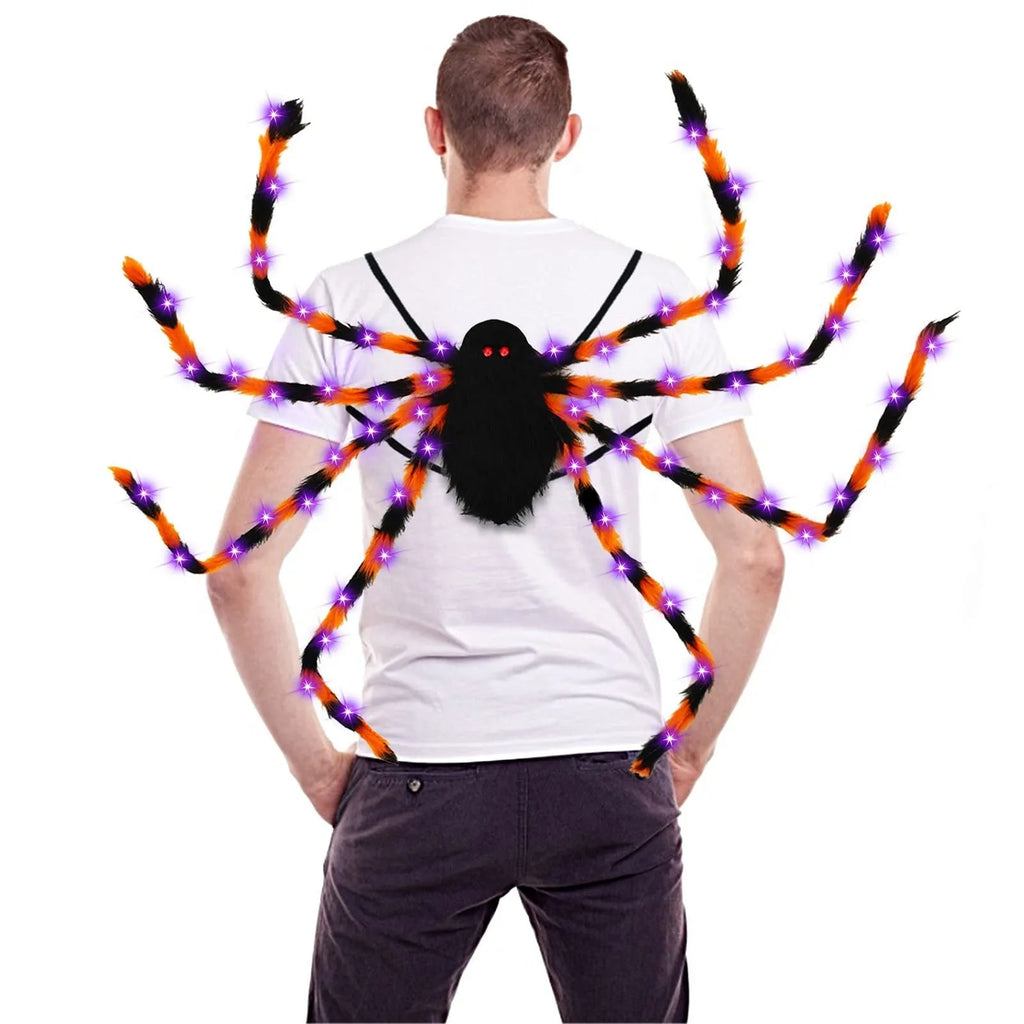 Halloween spider backpack with purple LED lights in orange colour with plush sugar bag compartment