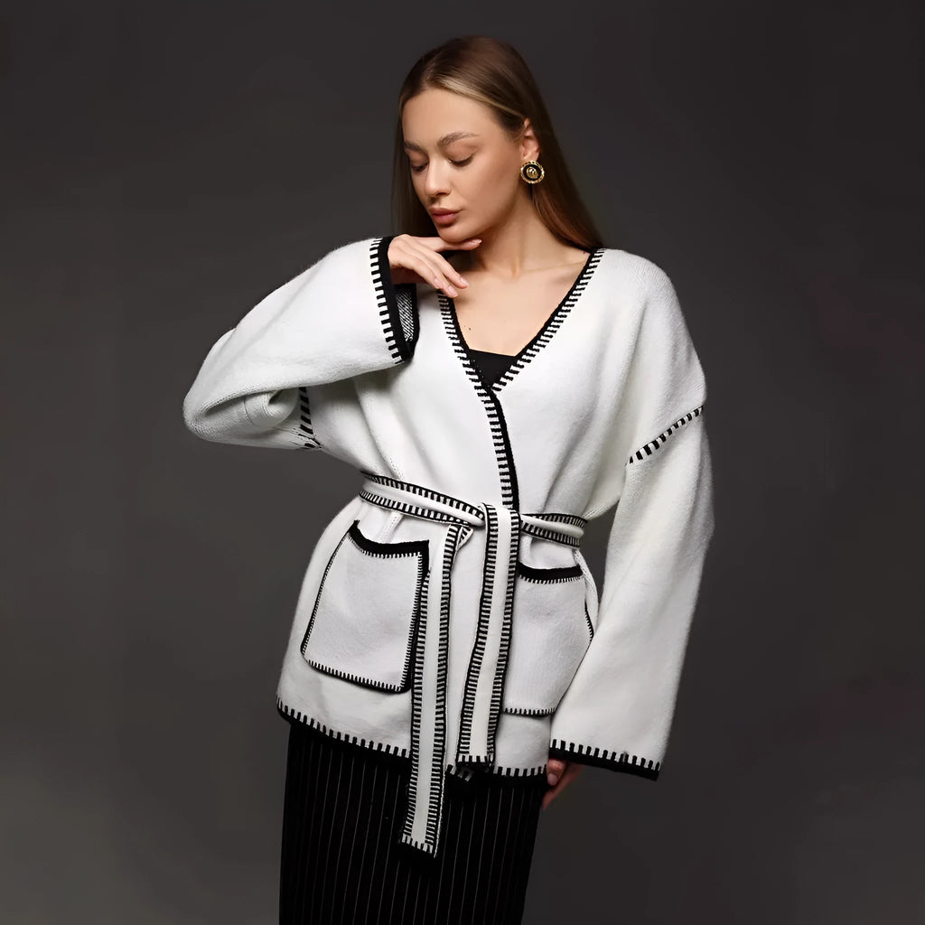 Lace-up front knitted cardigan in imitation cashmere cotton blend fabric in camel colour