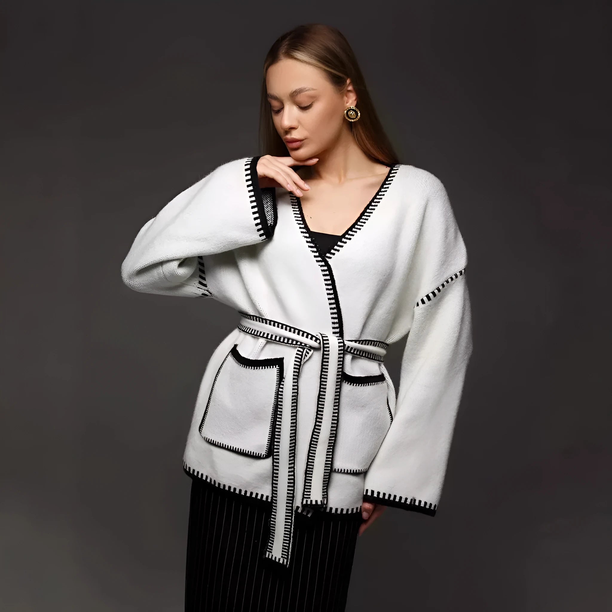 Lace-up front knitted cardigan in imitation cashmere cotton blend fabric in camel colour