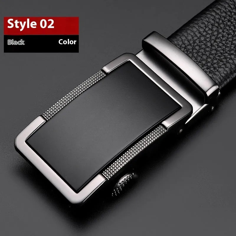 Men's leather automatic buckle belt in gun black, silver, or gold colour, showing the comfort click mechanism.