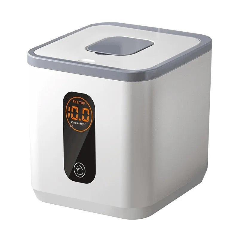 Gray sealed plastic rice jar with insect-proof lid and measuring cup for kitchen food storage